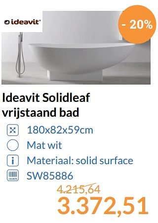 Aanbiedingen Ideavit solidleaf vrijstaand bad - Ideavit - Geldig van 01/08/2017 tot 31/08/2017 bij Sanitairwinkel