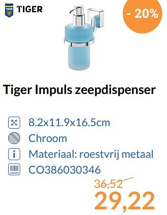 Aanbiedingen Tiger impuls zeepdispenser - Tiger - Geldig van 01/08/2017 tot 31/08/2017 bij Sanitairwinkel