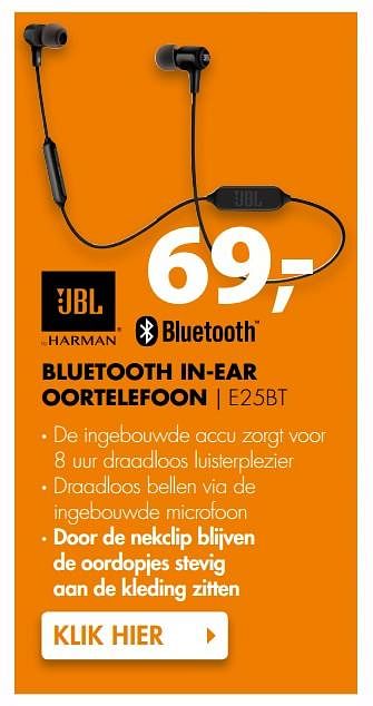 Aanbiedingen Jbl bluetooth in-ear oortelefoon e25bt - JBL - Geldig van 05/08/2017 tot 13/08/2017 bij Expert