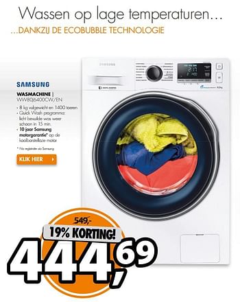 Aanbiedingen Samsung wasmachine ww80j6400cw-en - Samsung - Geldig van 05/08/2017 tot 13/08/2017 bij Expert