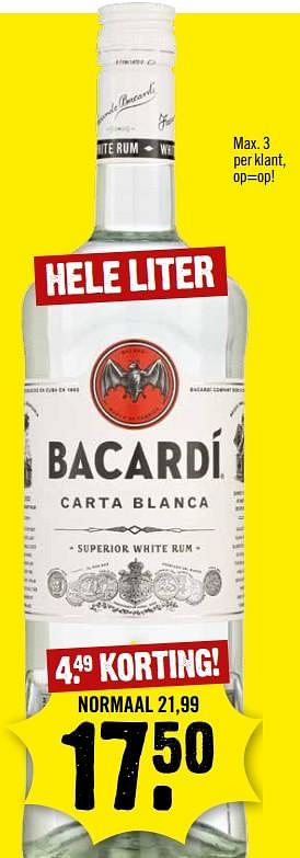 Aanbiedingen Bacardi carta blanca - Bacardi - Geldig van 06/08/2017 tot 12/08/2017 bij Dirk III