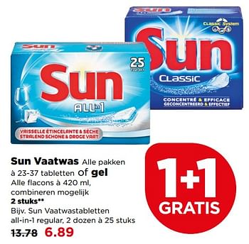 Aanbiedingen Sun vaatwastabletten all-in-1 regular - Sun - Geldig van 06/08/2017 tot 12/08/2017 bij Plus