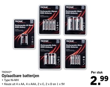 Aanbiedingen Oplaadbare batterijen - Tronic - Geldig van 07/08/2017 tot 13/08/2017 bij Lidl
