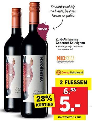 Aanbiedingen Zuid-afrikaanse cabernet sauvignon - Rode wijnen - Geldig van 07/08/2017 tot 13/08/2017 bij Lidl