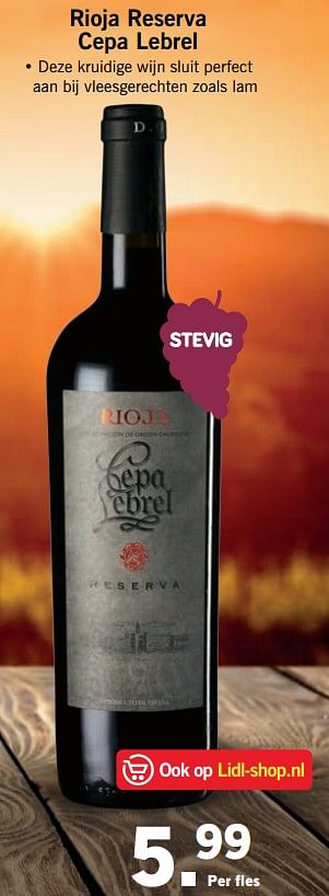 Aanbiedingen Rioja reserva cepa lebrel - Rode wijnen - Geldig van 07/08/2017 tot 13/08/2017 bij Lidl
