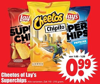 Aanbiedingen Cheetos of lay`s superchips - Lay's - Geldig van 06/08/2017 tot 12/08/2017 bij Lekker Doen
