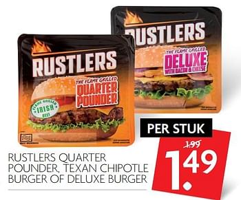 Aanbiedingen Rustlers quarter pounder, texan chipotle burger of deluxe burger - Rustlers - Geldig van 06/08/2017 tot 12/08/2017 bij Deka Markt