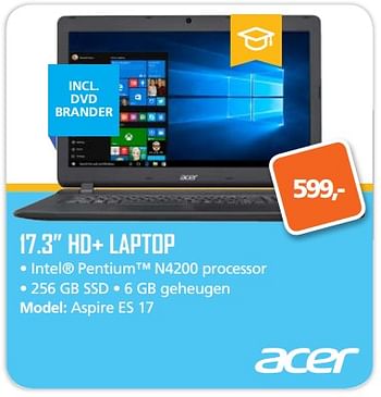 Aanbiedingen Acer 17.3 hd+ laptop aspire es 17 - Acer - Geldig van 07/08/2017 tot 10/09/2017 bij ITprodeals