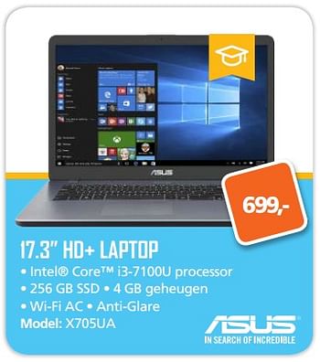 Aanbiedingen Asus 17.3 hd+ laptop x705ua - Asus - Geldig van 07/08/2017 tot 10/09/2017 bij ITprodeals