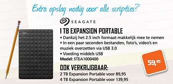 Aanbiedingen 1 tb expansion portable stea1000400 - Seagate - Geldig van 07/08/2017 tot 10/09/2017 bij ITprodeals