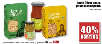 Aanbiedingen Jamie oliver pasta, pastasaus of pesto - Oliver - Geldig van 07/08/2017 tot 12/08/2017 bij MCD Supermarkten