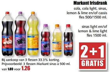 Aanbiedingen Markant frisdrank cola, cola light, sinas, lemon + lime en-of cassis - Markant - Geldig van 07/08/2017 tot 12/08/2017 bij MCD Supermarkten