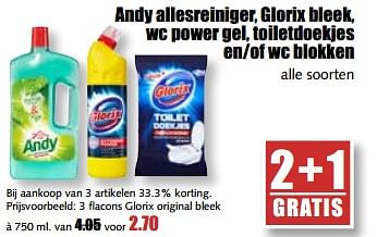 Aanbiedingen Andy allesreiniger, glorix bleek, wc power gel, toiletdoekjes en-of wc blokken - Huismerk - MCD Supermarkten - Geldig van 07/08/2017 tot 12/08/2017 bij MCD Supermarkten