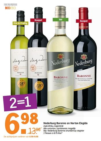 Aanbiedingen Nederburg baronne en norton elegido - Witte wijnen - Geldig van 07/08/2017 tot 13/08/2017 bij Albert Heijn