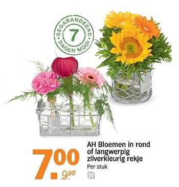 Aanbiedingen Bloemen in rond of langwerpig zilverkleurig rekje - Huismerk - Albert Heijn - Geldig van 07/08/2017 tot 13/08/2017 bij Albert Heijn