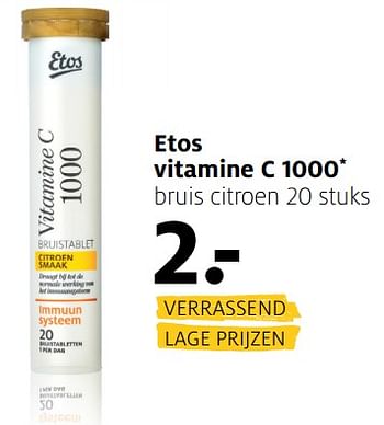 Aanbiedingen Etos vitamine c 1000 - Huismerk - Etos - Geldig van 07/08/2017 tot 13/08/2017 bij Etos