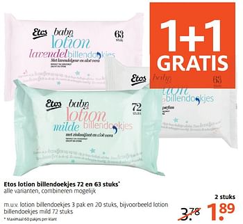 Aanbiedingen Etos lotion billendoekjes - Huismerk - Etos - Geldig van 07/08/2017 tot 13/08/2017 bij Etos