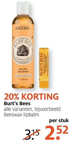 Aanbiedingen Beeswax lipbalm - Burt`s bees - Geldig van 07/08/2017 tot 13/08/2017 bij Etos