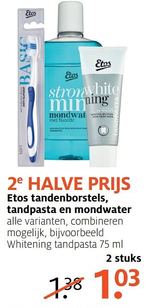 Aanbiedingen Whitening tandpasta - Huismerk - Etos - Geldig van 07/08/2017 tot 13/08/2017 bij Etos