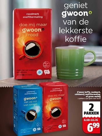 Aanbiedingen G`woon koffie roodmerk, cafeïnevrij snelfiltermaling, of grove maling - Gâ€™woon - Geldig van 07/08/2017 tot 13/08/2017 bij Poiesz