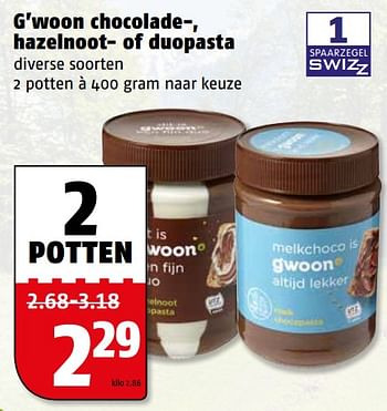 Aanbiedingen G`woon chocolade-, hazelnoot- of duopasta - Gâ€™woon - Geldig van 07/08/2017 tot 13/08/2017 bij Poiesz