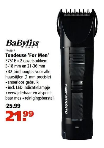 Aanbiedingen Babyliss tondeuse for men - Babyliss - Geldig van 10/08/2017 tot 23/08/2017 bij Marskramer