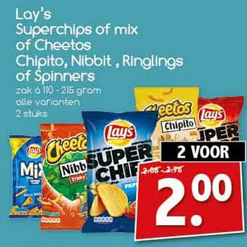 Aanbiedingen Lay`s superchips of mix of cheetos chipito, nibbit , ringlings of spinners - Huismerk - Agrimarkt - Geldig van 07/08/2017 tot 12/08/2017 bij Agrimarkt