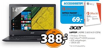 Aanbiedingen Acer laptop aspire 3 (a314-31-c0t4) - Acer - Geldig van 12/08/2017 tot 20/08/2017 bij Expert
