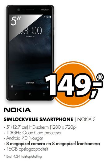 Aanbiedingen Simlockvrije smartphone nokia 3 - Nokia - Geldig van 12/08/2017 tot 20/08/2017 bij Expert