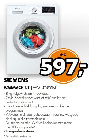 Aanbiedingen Siemens wasmachine wm14t490nl - Siemens - Geldig van 12/08/2017 tot 20/08/2017 bij Expert