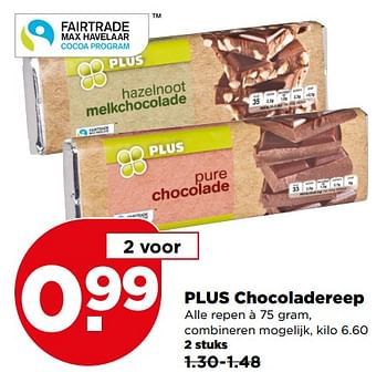 Aanbiedingen Plus chocoladereep - Huismerk - Plus - Geldig van 13/08/2017 tot 19/08/2017 bij Plus