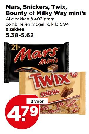 Aanbiedingen Mars, snickers, twix, bounty of milky way mini`s - Huismerk - Plus - Geldig van 13/08/2017 tot 19/08/2017 bij Plus