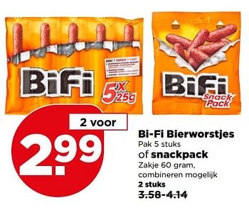 Aanbiedingen Bi-fi bierworstjes of snackpack - Bi-Fi - Geldig van 13/08/2017 tot 19/08/2017 bij Plus