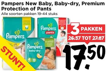 Aanbiedingen Pampers new baby, baby-dry, premium protection of pants - Pampers - Geldig van 13/08/2017 tot 19/08/2017 bij Vomar