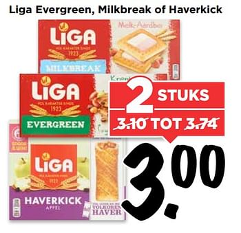 Aanbiedingen Liga evergreen, milkbreak of haverkick - Liga - Geldig van 13/08/2017 tot 19/08/2017 bij Vomar