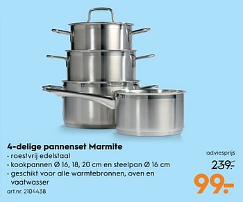Aanbiedingen 4-delige pannenset marmite - Huismerk - Blokker - Geldig van 12/08/2017 tot 23/08/2017 bij Blokker