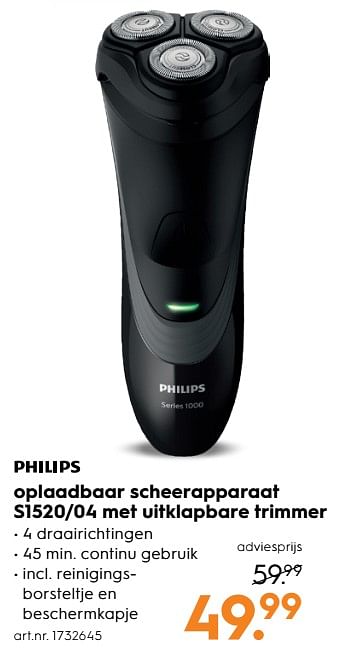Aanbiedingen Philips oplaadbaar scheerapparaat s1520-04 met uitklapbare trimmer - Philips - Geldig van 12/08/2017 tot 23/08/2017 bij Blokker