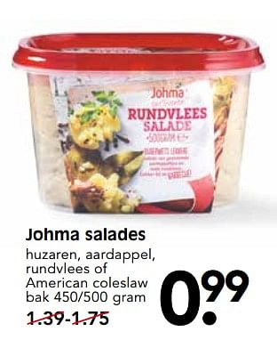 Aanbiedingen Johma salades huzaren, aardappel, rundvlees of american coleslaw - Johma - Geldig van 13/08/2017 tot 19/08/2017 bij Em-té