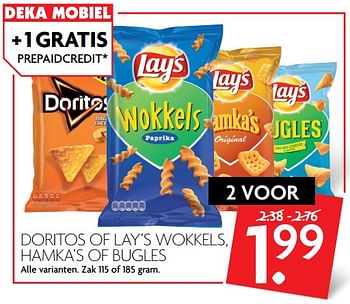 Aanbiedingen Doritos of lay`s wokkels, hamka`s of bugles - Doritos - Geldig van 13/08/2017 tot 19/08/2017 bij Deka Markt