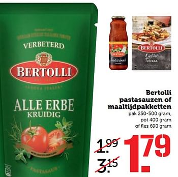 Aanbiedingen Bertolli pastasauzen of maaltijdpakketten - Bertolli - Geldig van 14/08/2017 tot 20/08/2017 bij Coop