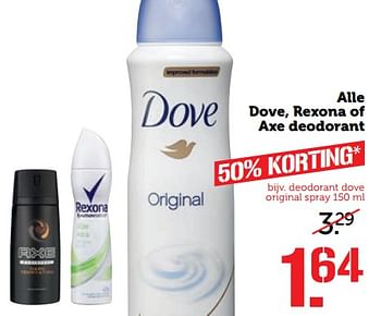 Aanbiedingen Alle dove, rexona of axe deodorant - Huismerk - Coop - Geldig van 14/08/2017 tot 20/08/2017 bij Coop