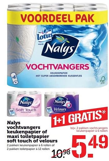 Aanbiedingen Nalys vochtvangers keukenpapier of maxi toiletpapier soft touch of velours - Nalys - Geldig van 14/08/2017 tot 20/08/2017 bij Coop