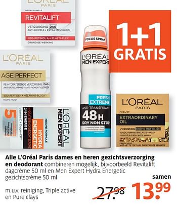 Aanbiedingen Alle l`oréal paris dames en heren gezichtsverzorging en deodorant - L'Oreal Paris - Geldig van 14/08/2017 tot 27/08/2017 bij Etos