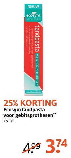 Aanbiedingen Ecosym tandpasta voor gebitsprothesen - Ecosym - Geldig van 14/08/2017 tot 27/08/2017 bij Etos