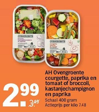 Aanbiedingen Ah ovengroente courgette, paprika en tomaat of broccoli, kastanjechampignon en paprika - Huismerk - Albert Heijn - Geldig van 14/08/2017 tot 20/08/2017 bij Albert Heijn