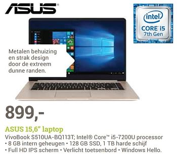 Aanbiedingen Asus 15,6 laptop vivobook s510ua-bq113t - Asus - Geldig van 14/08/2017 tot 03/09/2017 bij BCC