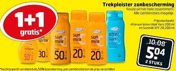 Aanbiedingen Aftersun lotion aloë vera 200 ml en sunmilk spf 20 - Huismerk - Trekpleister - Geldig van 15/08/2017 tot 20/08/2017 bij Trekpleister