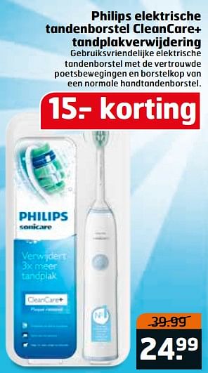 Aanbiedingen Philips elektrische tandenborstel cleancare+ tandplakverwijdering - Philips - Geldig van 15/08/2017 tot 20/08/2017 bij Trekpleister