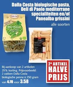 Aanbiedingen Dalla costa biologische pasta, deli di paolo mediterrane specialiteiten en-of panealba grissini - Huismerk - MCD Supermarkten - Geldig van 14/08/2017 tot 19/08/2017 bij MCD Supermarkten