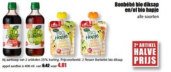 Aanbiedingen Bonbébé bio diksap en-of bio hapje - Bonbébé - Geldig van 14/08/2017 tot 19/08/2017 bij MCD Supermarkten